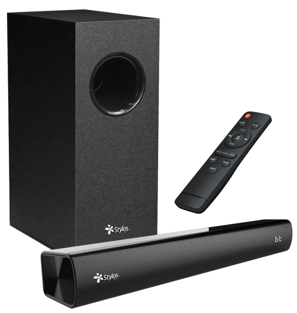 BARRA DE SONIDO STYLOS 2.1/40W/ LED FRONTAL/CONTROL REMOTO/NEGRO