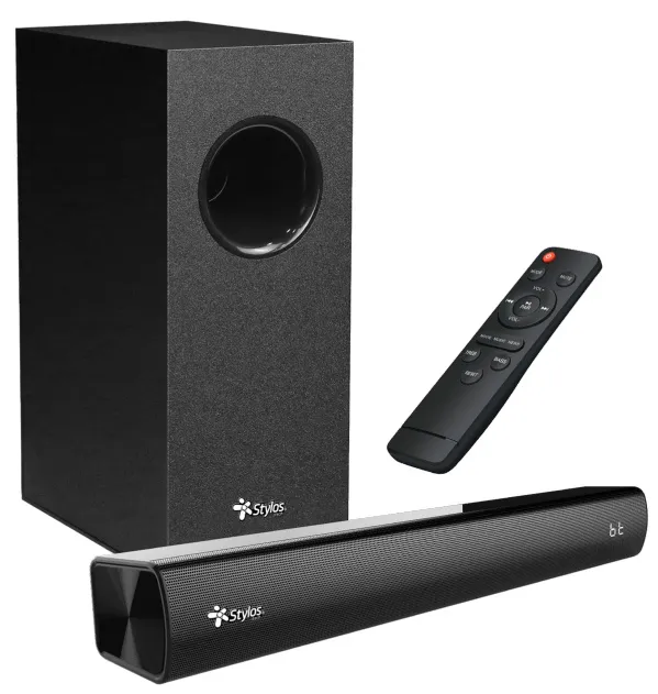 BARRA DE SONIDO STYLOS 2.1/40W/ LED FRONTAL/CONTROL REMOTO/NEGRO