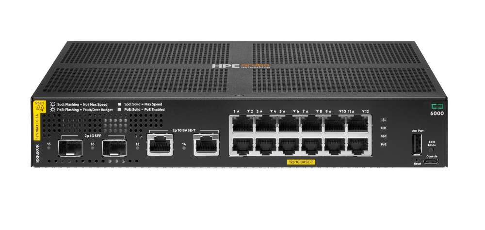 HPE ARUBA NETWORKING CX 6000 12P 10M 100M 1G CLASS4 POE 2P SFP 1