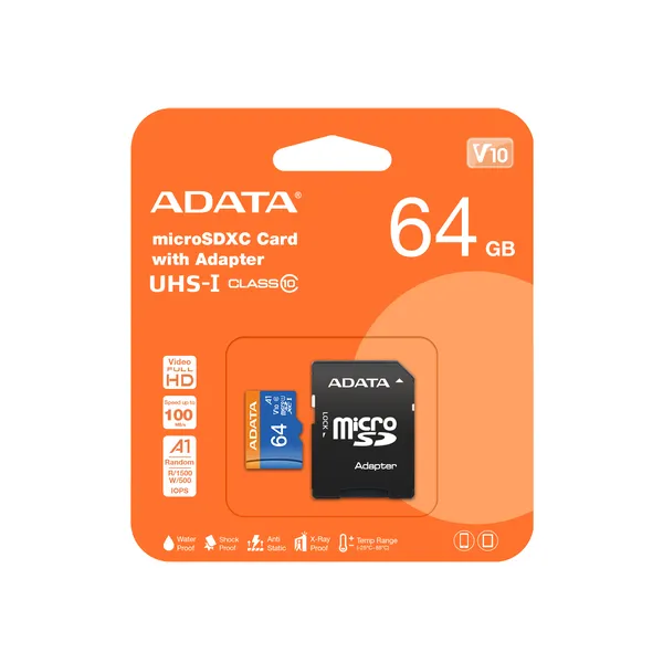 ADATA MICROSD PREMIER 64GB CLASS10-RETAIL A1 ADAPTER AZUL AUSD