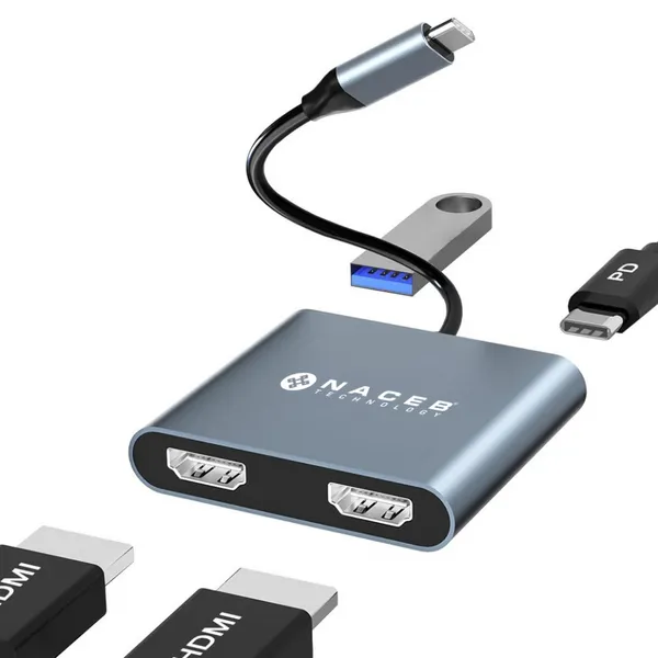 NACEB USB-C DUAL HDMI+USB3.0+PD100W ADAPTER NA-0148