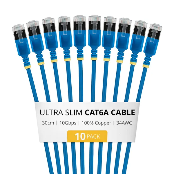 CABLE ETHERNET CAT6A ULTRAFINO AZUL 30CM - PAQUETE DE 10