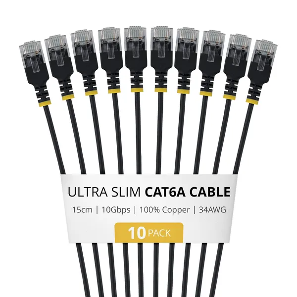 PAQUETE DE 10 CABLES DE RED CAT6A ULTRA FINO 15CM - NEGRO