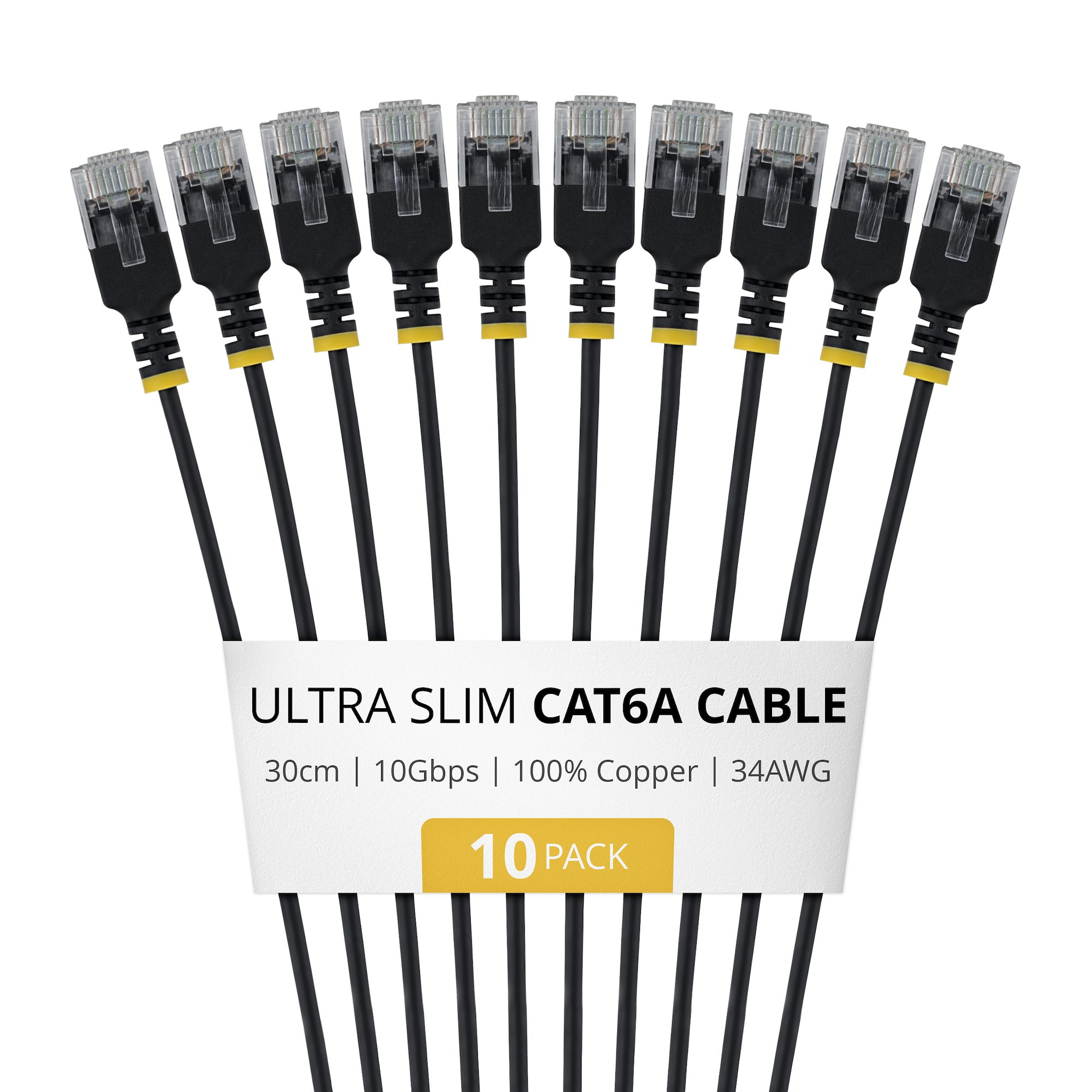 PAQUETE DE 10 CABLES DE RED CAT6A ULTRA FINO 30CM - NEGRO