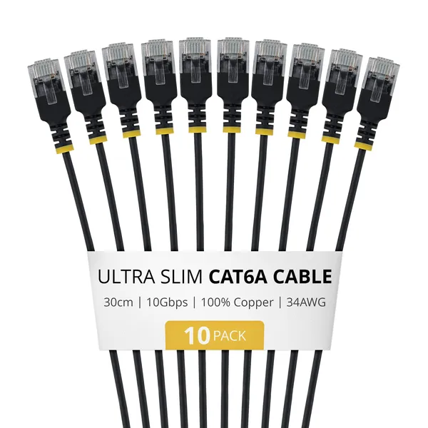 PAQUETE DE 10 CABLES DE RED CAT6A ULTRA FINO 30CM - NEGRO