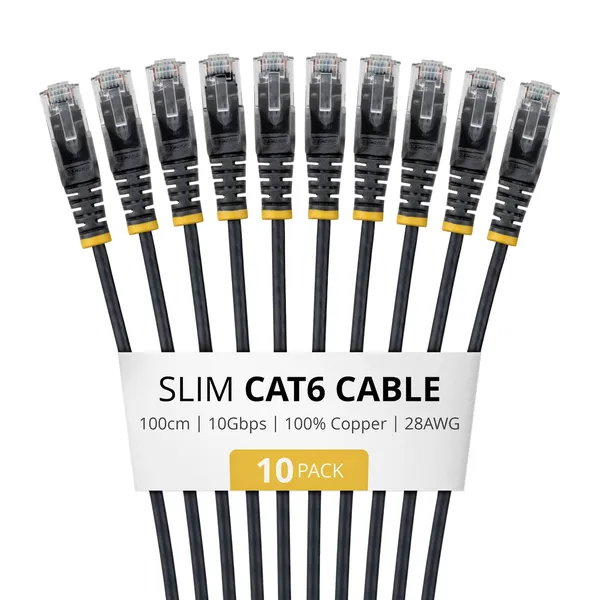 PAQUETE DE 10 CABLES DELGADOS CAT6 SNAGLESS 1M LSZH - NEGRO