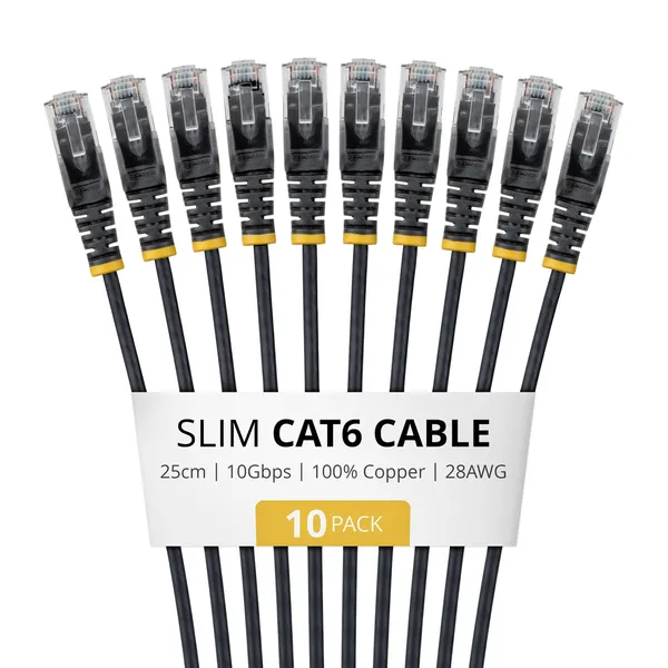PAQUETE 10 CABLES DELGADOS CAT6 SNAGLESS 25CM LSZH NEGRO