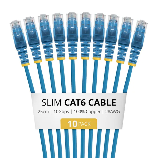 PAQUETE DE 10 CABLES DELGADOS CAT6 SNAGLESS 25CM LSZH AZUL