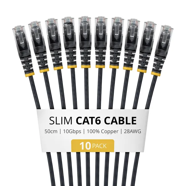 PAQUETE 10 CABLES DELGADOS CAT6 SNAGLESS 50CM LSZH NEGRO
