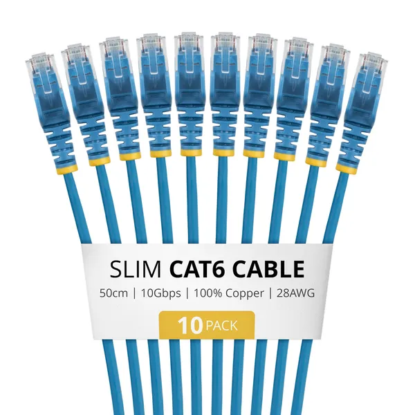 PAQUETE DE 10 CABLES DELGADOS CAT6 SNAGLESS 50CM LSZH AZUL