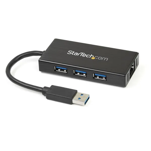 HUB USB 3.0 ALUMINIO CON CABLE 3 PUERTOS Y ADAPTADOR ETHERNET  .