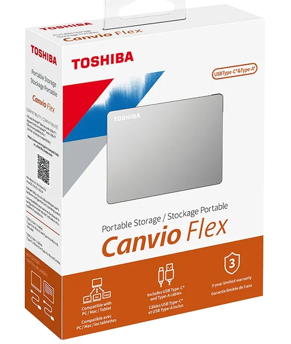 DISCO PORTATIL TOSHIBA  CANVIO FLEX PLATEADO 1TB CON CABLES USB-C